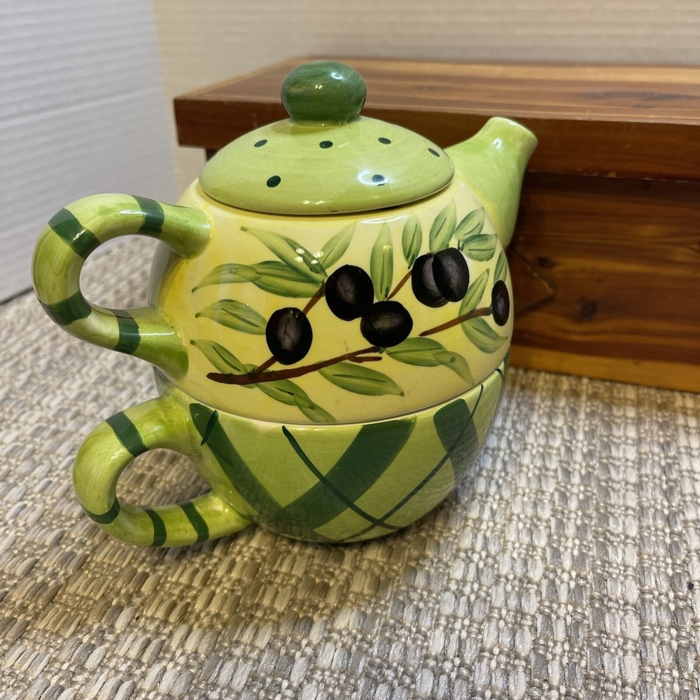 Olive Tea For One Set Teapot and Cup Stackable Kitchen Decor Ceramic - Picture 12 of 12